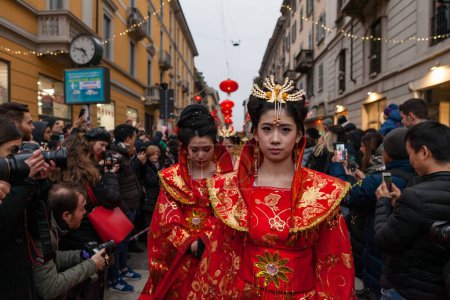 Photo for Milan Italy - 02 05 2018 - Chinese New Year held in 2018, in the Chinese quarter, year of the dog in via Paolo Sarpi - Royalty Free Image