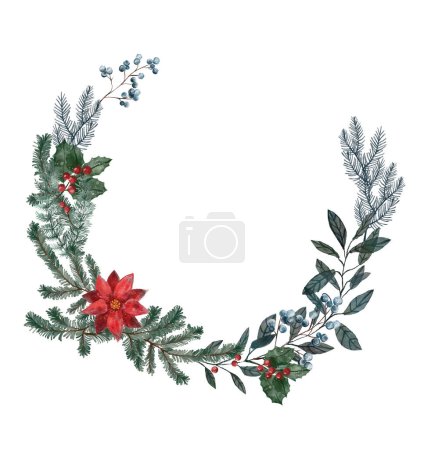 Foto de Ilustración de una corona de un árbol de Navidad con una guirnalda de flores y hojas - Imagen libre de derechos