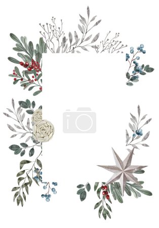 Téléchargez les photos : Noël hiver aquarelle cadre floral avec des fleurs et des feuilles - en image libre de droit