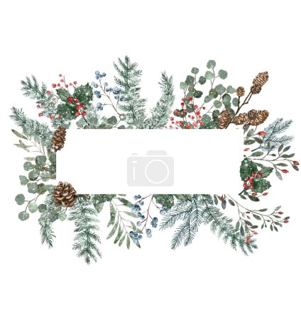 Photo for Christmas winter watercolor floral frame with flowers and leaves - Royalty Free Image