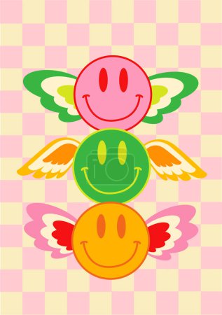 Photo for Colorful smiley faces with wings on a chess background - Royalty Free Image