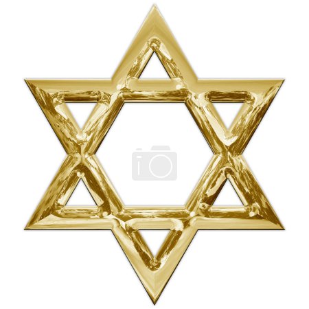 Foto de Judaísmo religión, estrella tradicional del símbolo dávido, elaboración gráfica de estilo metálico dorado, ilustración sobre el fondo blanco - Imagen libre de derechos