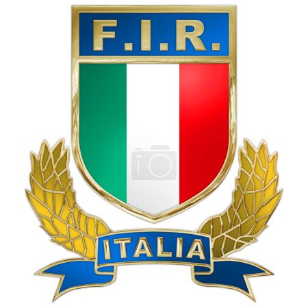 Foto de Italia, año 2023, Federación Italiana de Rugby, procesamiento gráfico dorado del escudo de armas 3D, ilustración - Imagen libre de derechos