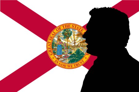 Illustration for Ron Desantis silhouette portrait on Florida flag, Republican governor of Florida, vector illustration - Royalty Free Image