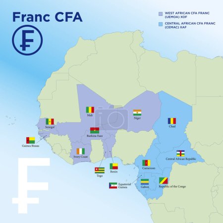 Illustration for Franc CFA african currency zone map, vector illustration - Royalty Free Image