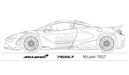 Illustration for United Kingdom, year 2020, McLaren 765LT supercar coupe, outlined on the white background, illustration - Royalty Free Image