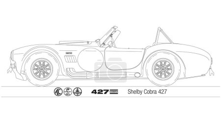 Ilustración de Estados Unidos, año 1963, Shelby Cobra 427 vintage spider sport car, bosquejado en el fondo blanco, ilustración - Imagen libre de derechos
