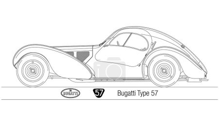 Ilustración de Francia, año 1936, Bugatti Type 57 Atlantic Coupe, silueta de coches antiguos sobre fondo blanco, ilustración - Imagen libre de derechos