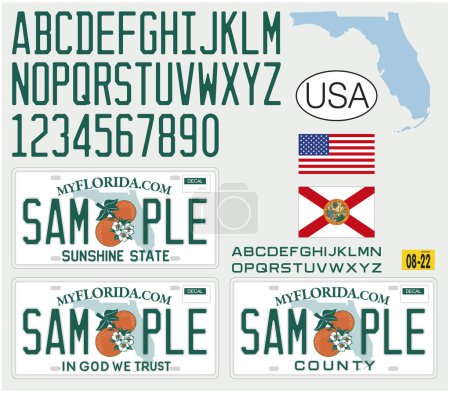 Téléchargez les illustrations : Floride Modèle de plaque d'immatriculation de voiture, avec des chiffres, des lettres et des symboles, États-Unis d'Amérique, illustration vectorielle - en licence libre de droit