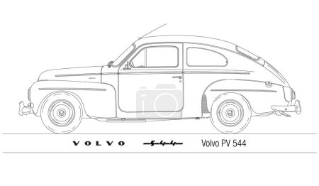 Illustration for Sweden, year 1958, Volvo PV 544 silhouette, swedish vintage classic car outlined on the white background, illustration - Royalty Free Image
