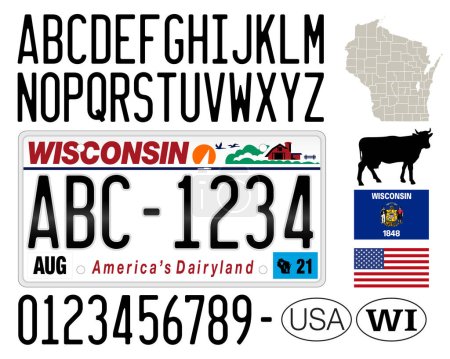 Ilustración de Wisconsin license plate, letters, numbers and symbols, USA, United States of America, vector illustration - Imagen libre de derechos