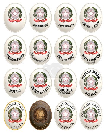Ilustración de Italy, old vintage oval official emblem plates present in Italian public offices, vector illustration - Imagen libre de derechos