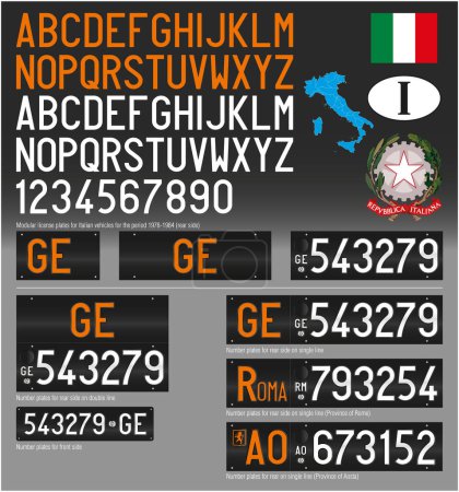 Italien, Autokennzeichen Oldtimer-Muster, Baujahre 1976-1984, mit Symbolen, Zahlen und Buchstaben, Vektorillustration