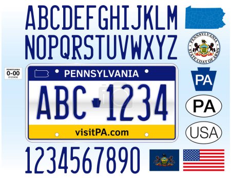Pennsylvania US State Autokennzeichenmuster, Buchstaben, Zahlen und Symbole, Vektorabbildung, Vereinigte Staaten