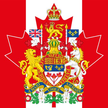 Téléchargez les illustrations : Canada official coat of arms on the canadian flag, north american country, vector illustration - en licence libre de droit