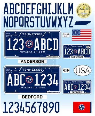 Téléchargez les illustrations : New Tennessee car license plate blue style, 2023, letters, numbers and symbols, vector illustration, USA - en licence libre de droit