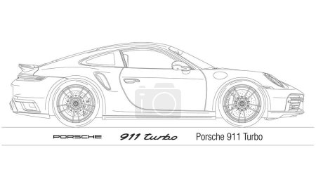 Ilustración de Alemania, año 2023, Porsche 911 Turbo silueta del coche, ilustración sobre el fondo blanco - Imagen libre de derechos