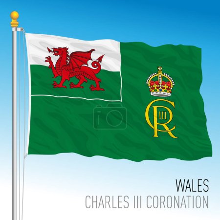 Großbritannien, Jahr 2023, offizielles Emblem der dritten Krönung Karls auf der walisischen Flagge, Vereinigtes Königreich, Vektorillustration
