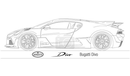 Ilustración de Francia, año 2018, superdeportivo moderno Bugatti Divo, silueta delineada, ilustración vectorial - Imagen libre de derechos