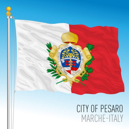 Illustration for City of Pesaro flag whit coat of arms, Marche region, Italy, vector illustration - Royalty Free Image