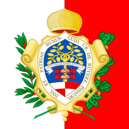 City of Pesaro coat of arms on the flag, Marche region, Italy, vector illustration