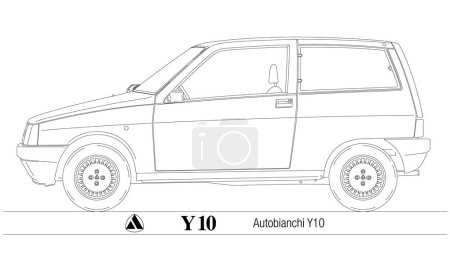 Illustration for Italy, year 1985, Autobianchi Y10 vintage car, drawing outlined, illustration - Royalty Free Image