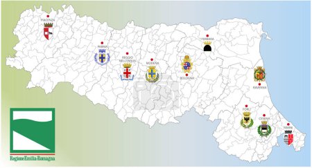 Ilustración de Emilia Romaña, Italia, mapa de la región con fronteras, ciudades y escudos de armas de las capitales provinciales, ilustración vectorial - Imagen libre de derechos