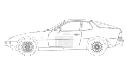 Illustration for Germany, year 1976, Porsche 924 Coupe vintage sport car, silhouette outlined on the white background, illustration - Royalty Free Image