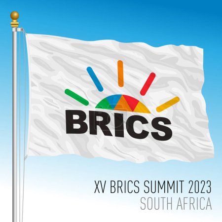 Ilustración de Sudáfrica, año 2023, XV Cumbre de Brics en Sudáfrica bandera de banderín, organización internacional, ilustración vectorial - Imagen libre de derechos