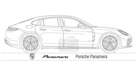 Ilustración de Alemania, año 2009, Porsche Panamera super coche, silueta delineada, vector de ilustración - Imagen libre de derechos