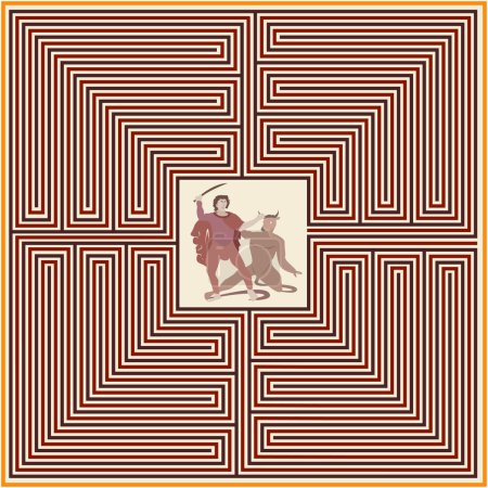 Illustration for Mosaic labyrinth of Theseus of Salzburg, Austria, graphic reproduction of ancient mosaic of the roman villa of Loigersfelder, vector illustration - Royalty Free Image