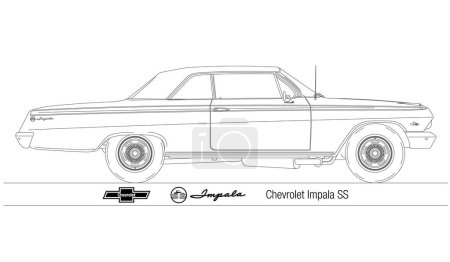 Ilustración de Estados Unidos, año 1962, Chevrolet Impala SS dos puertas, coche de época, silueta delineada, ilustración vectorial - Imagen libre de derechos