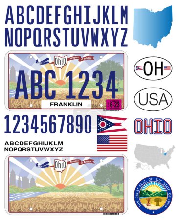 Ohio coche matrícula estilo, 2021, letras, números y símbolos, ilustración vectorial, EE.UU.