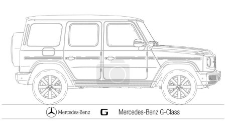 Téléchargez les illustrations : Allemagne, année 2012 Mercedes G Class tout-terrain, silhouette esquissée, vintage, illustration vectorielle - en licence libre de droit