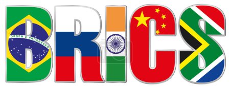 Téléchargez les illustrations : Sommet des BRICS, nom avec drapeaux des pays, illustration vectorielle sur fond blanc - en licence libre de droit