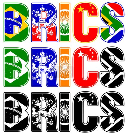 Téléchargez les illustrations : Symboles des drapeaux du sommet BRICS avec couleurs et noir et blanc, illustration vectorielle - en licence libre de droit