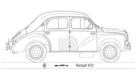 Ilustración de Francia, año 1947, Renault 4CV silueta del coche de la vendimia, esbozado, ilustración del vector - Imagen libre de derechos
