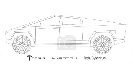 Illustration for United States, year 2019, new Tesla Cybertruck concept car, silhouette outlined on the white background, vector illustration - Royalty Free Image