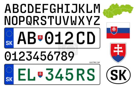 Slowakei Autokennzeichen Stil 2023 mit neuer Schrift, Buchstaben, Zahlen und Symbolen, Vektorabbildung, Europäische Union