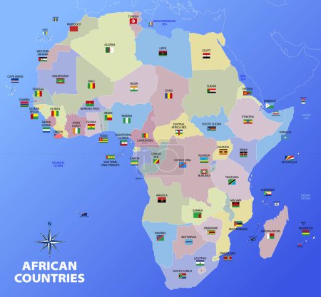 Téléchargez les illustrations : Map of African continent divided by nations and states with flags and country names, vector illustration - en licence libre de droit