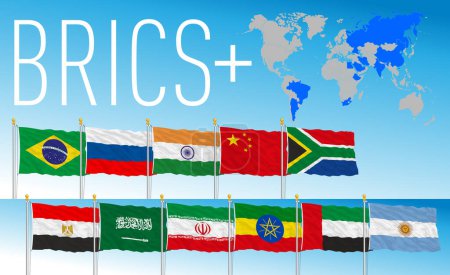BRICS Plus organization, waving flags of the countries and map, year 2023, vector illustration