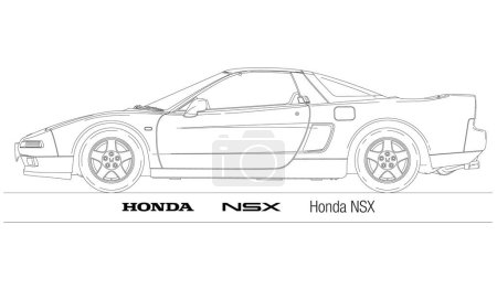 Illustration pour Japon, année 1990, silhouette de voiture de sport Honda NSX tracée sur le fond blanc, voiture colassique vintage, illustration - image libre de droit