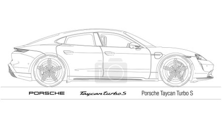 Ilustración de Stuttgart, Alemania, año 2019, nuevo concepto Porsche modelo de coche eléctrico Taycan Turbo S, esbozado, silueta, ilustración vectorial - Imagen libre de derechos
