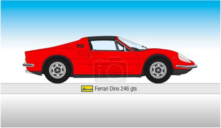 Ilustración de Italia, año 1969, Ferrari Dino 246 GTS vintage super car, diseño italiano, ilustración vectorial de color, editorial - Imagen libre de derechos