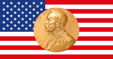 Ilustración de Medalla de Oro Premio Nobel con la bandera de los Estados Unidos de América en el fondo, ilustración vectorial - Imagen libre de derechos