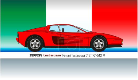 Ilustración de Maranello, Italia, año 1984, Ferrari Testarossa 512 vintage super car on the Italian flag, color vector illustration outline - Imagen libre de derechos