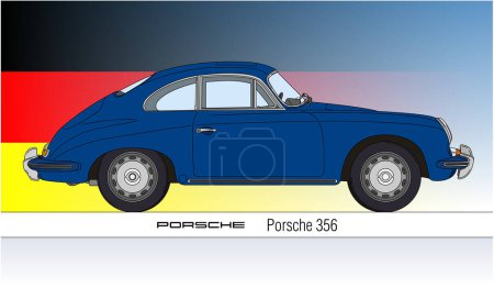 Illustration for Germany, year 1948, Porsche 356 vintage car outlined silhouette, coloured with blue color and on the german flag, vector illustration - Royalty Free Image