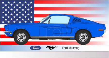 Illustration for USA, year 1968, Ford Mustang vintage classic car, vector illustration coloured on the US flag - Royalty Free Image