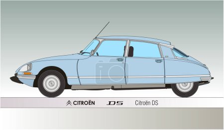Ilustración de Francia, año 1955, Citroen DS silueta coloreada delineada, coche clásico vintage, ilustración vectorial - Imagen libre de derechos