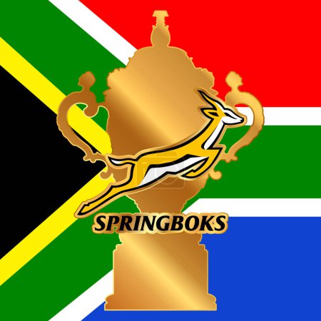 Ilustración de Copa del Mundo de Rugby 2023 y campeón del equipo sudafricano Springboks logo, campeones del mundo en la bandera nacional, ilustración vectorial - Imagen libre de derechos